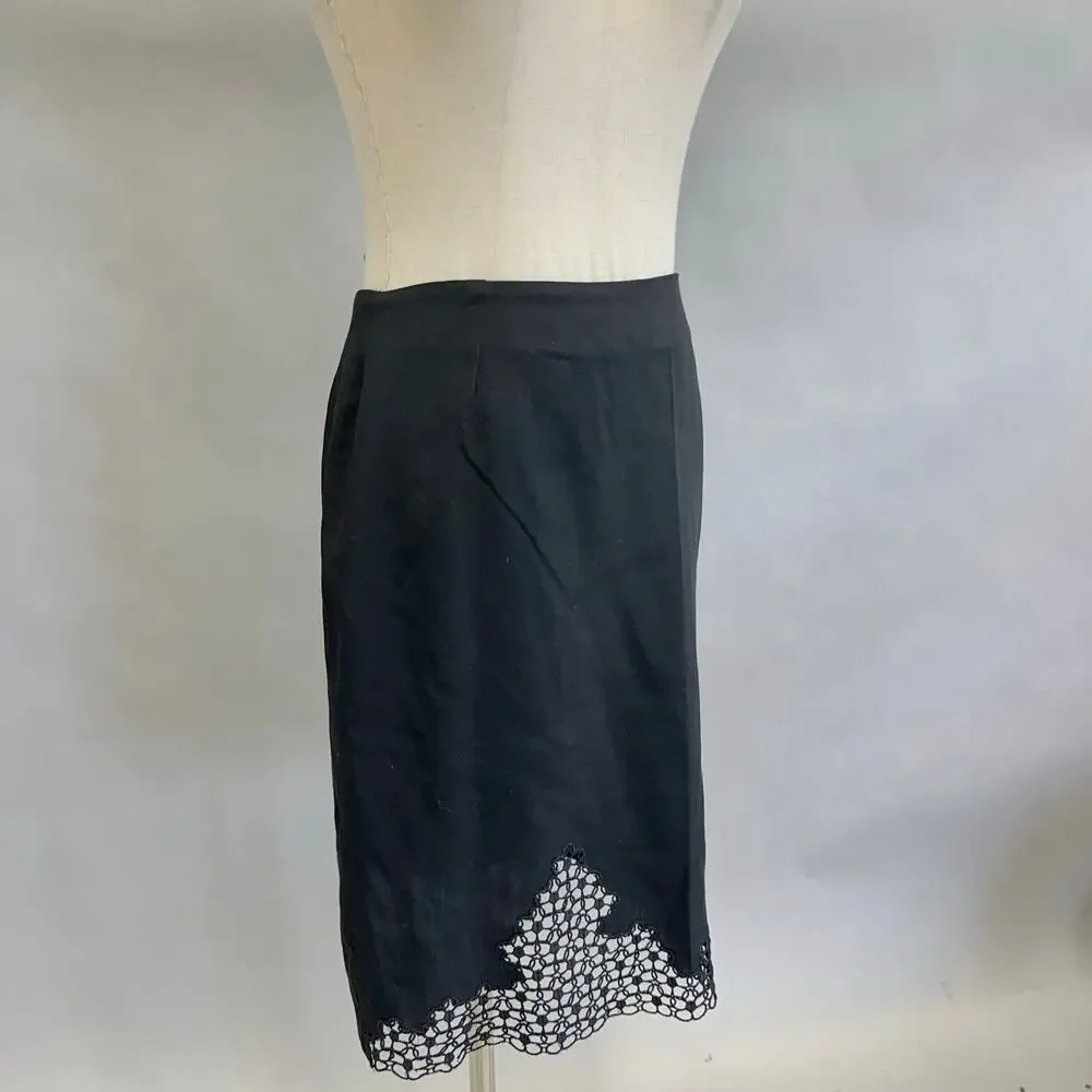 Vintage 90s Armani Collezioni Black Wool Pencil Skirt Embroidered lace Size 8‎